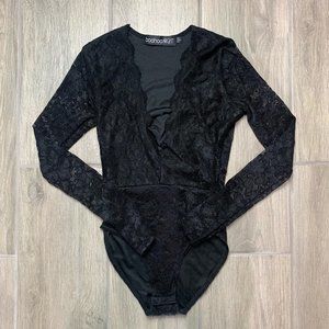 Boohoo Night V Neck Lace Bodysuit Leotard One Piece Long Sleeve Top Black Size 2